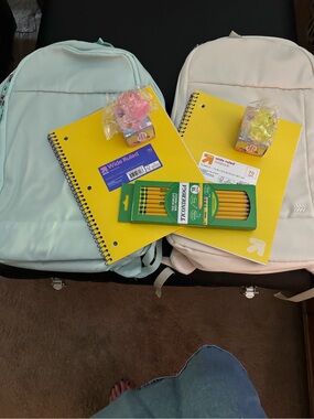 Backpacks Blue and Cream Kids Bundle with Yellow Notebooks pencils
2 squishes.